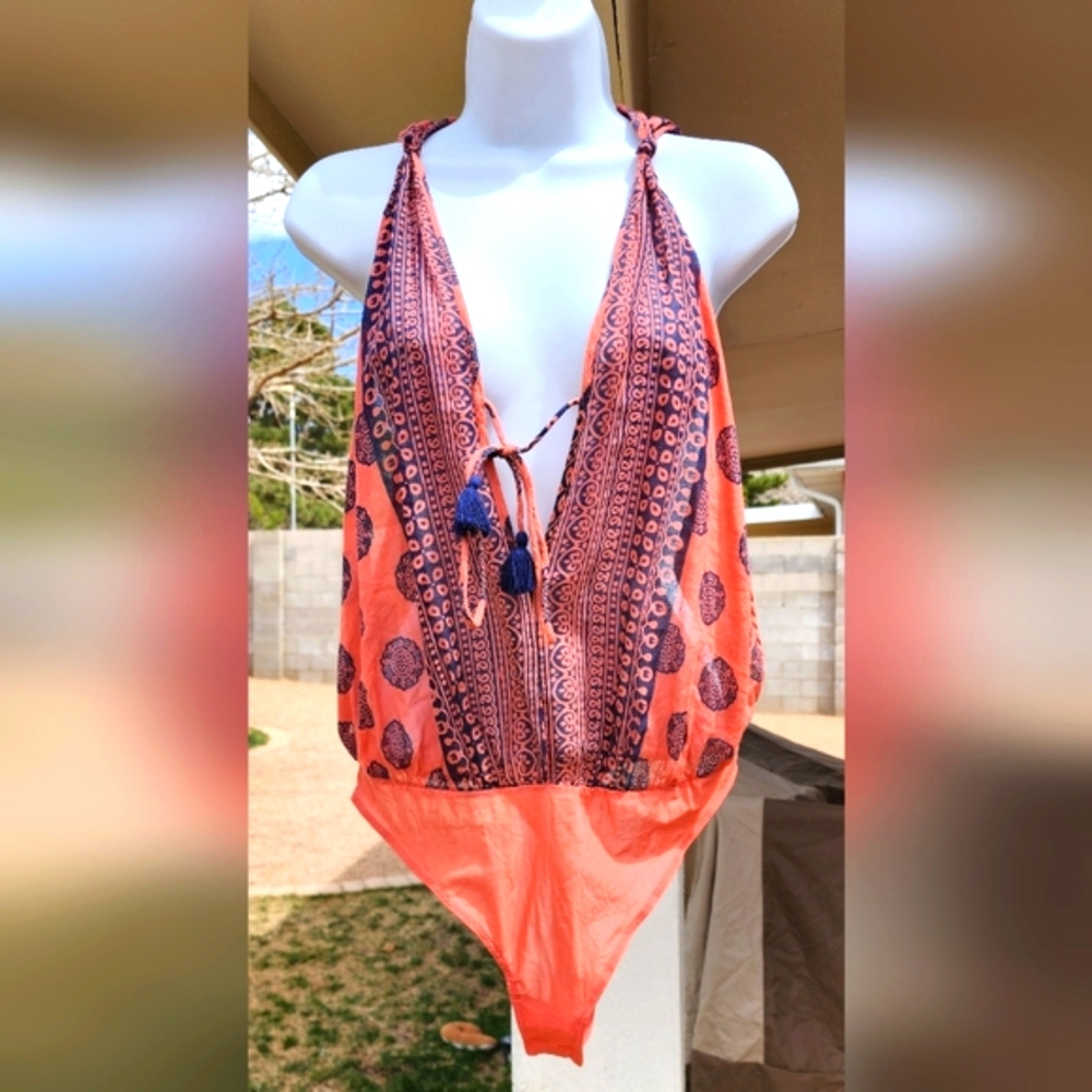 Free People Orange Cut Out Bodysuit